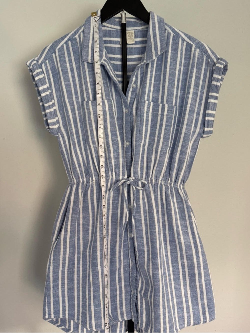 Blue White Button-up Swim Cover-up Dress 100% Cotton Collared Pockets Large Prep - Picture 8 of 13